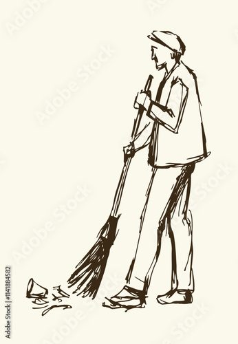 Vector Drawing. Janitor sweeping with a broom