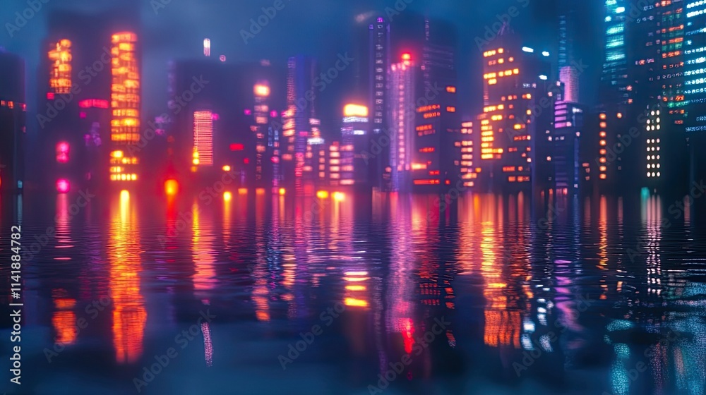 Illuminated skyline reflecting in water, urban architecture concept Illuminated skyline reflecting in water, urban architecture concept