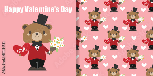 Valentine's day banner and seamless pattern of cute brown bear holding bunch of flowers and a red hearts with Love text on a light pink background with small white hearts. Flat design.