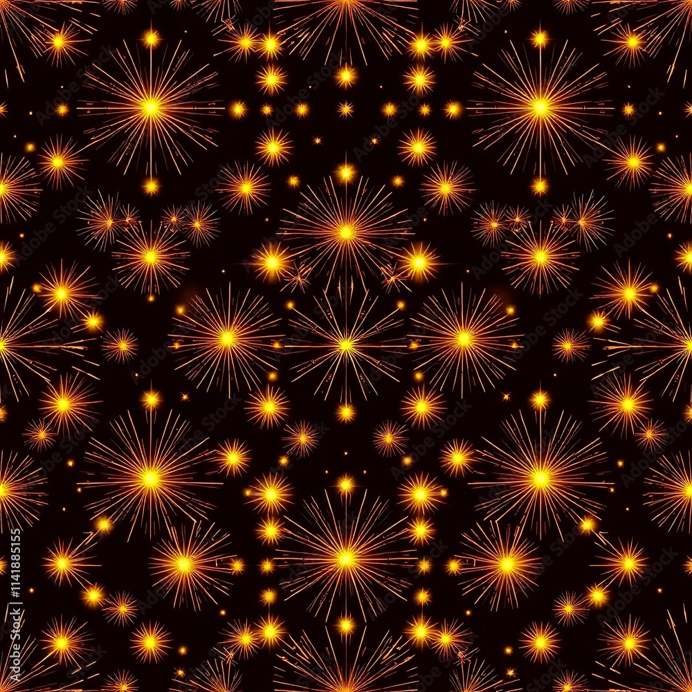 Golden Fireworks Kaleidoscope: A captivating seamless pattern of shimmering gold fireworks bursting against a deep black background, creating a dazzling, hypnotic effect. Golden Fireworks Kaleidoscope: A captivating seamless pattern of shimmering gold fireworks bursting against a deep black background, creating a dazzling, hypnotic effect.