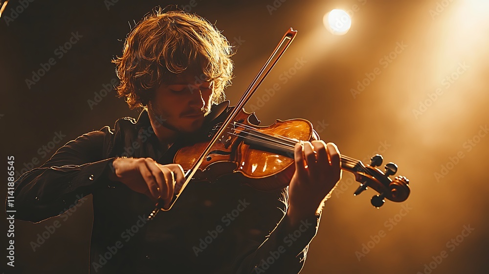 Fototapeta premium Young Musician Performing a Violin Solo on Stage
