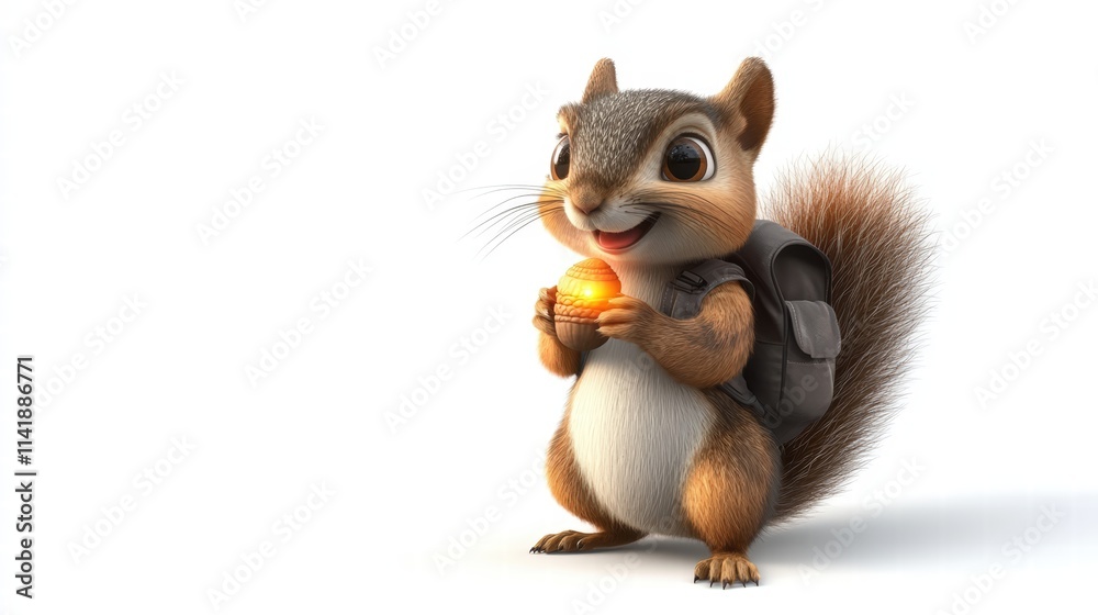 Fototapeta premium Happy cartoon squirrel with backpack holding a small acorn treat