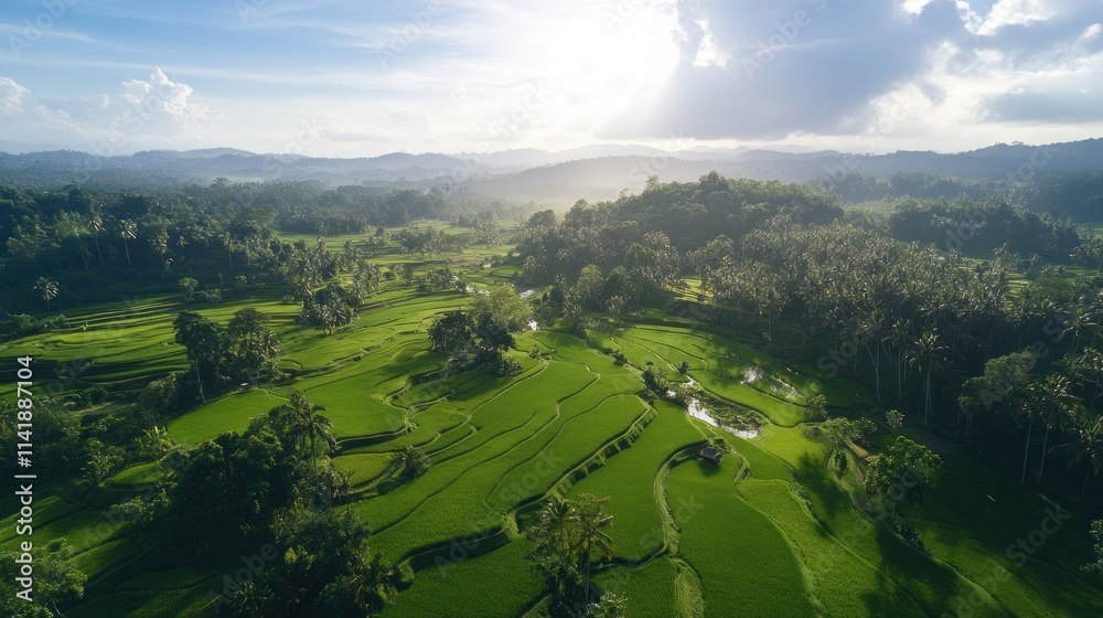Aerial view of lush green rice terraces, vibrant greenery, sunlit valley. Aerial view of lush green rice terraces, vibrant greenery, sunlit valley.