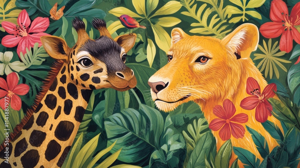 Bright, whimsical animal mural with jungle and forest animals designed for children's room decoration, filled with lively colors and charm Bright, whimsical animal mural with jungle and forest animals designed for children's room decoration, filled with lively colors and charm