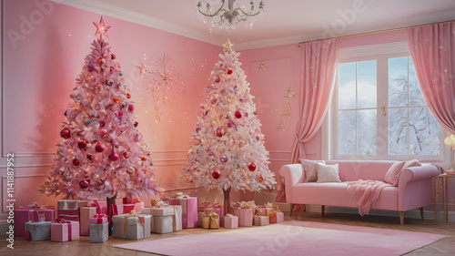 A whimsical Christmas living room with two elaborately decorated pink trees, a cozy pink sofa, and pastel ornaments. Soft lighting, pink accents, wrapped presents create a dreamy, festive atmosphere.