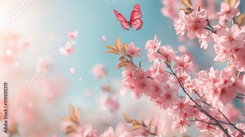 Spring Horizontal banner with sakura flowers. Beautiful nature season background with a branch of blooming cherry. Copy space for text, selective focus