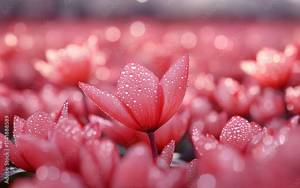 Glowing droplets in motion, vibrant crimson field enhancing brilliance, symbolizing strength and transformation through nature's cycle.