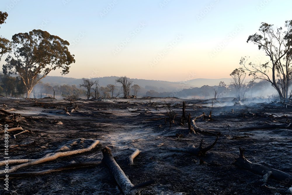 Scorched forest landscape with smoldering ashes and charred trees, highlighting the aftermath of wildfire devastation and the urgent need for environmental conservation Scorched forest landscape with smoldering ashes and charred trees, highlighting the aftermath of wildfire devastation and the urgent need for environmental conservation