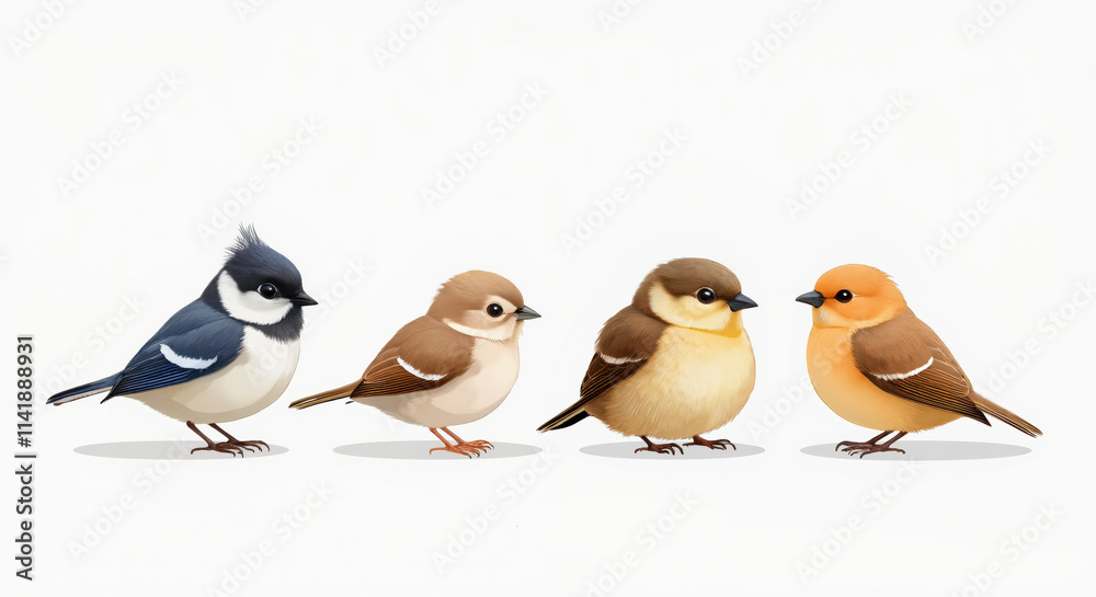 Naklejka premium Illustration of Cute Birds in a Row with Distinctive Plumage for Nature Enthusiasts and Educational Use