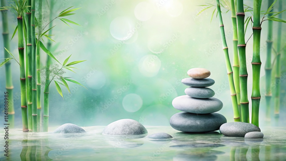 Serene Stacked Stones and Bamboo in Tranquil Water Reflection Serene Stacked Stones and Bamboo in Tranquil Water Reflection