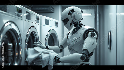 A humanoid robot operating a high-tech washing machine, sorting clothes with precision in a futuristic laundry room, rendered in 8K