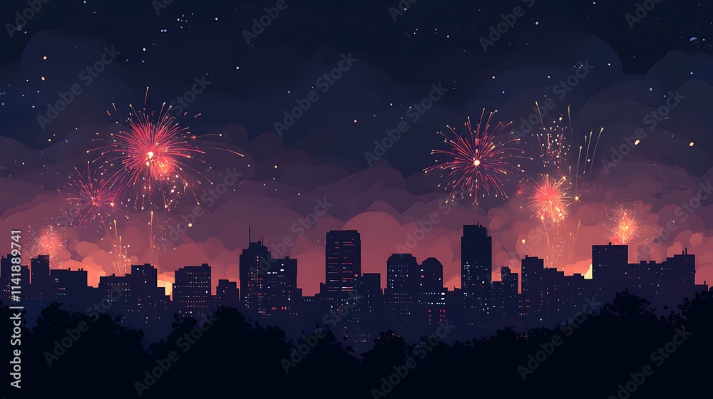 New Year Fireworks Display Over City Skyline With Dark Night Sky New Year Fireworks Display Over City Skyline With Dark Night Sky