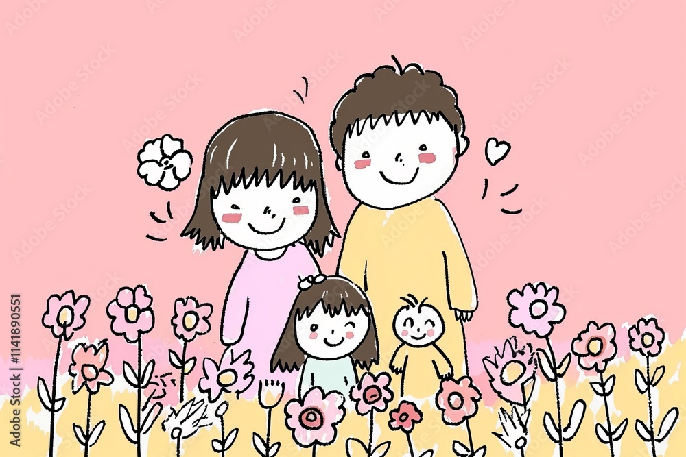 Happy family enjoying time together in a field of colorful flowers. Happy family enjoying time together in a field of colorful flowers.