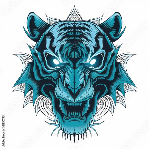 A stylized blue tiger head with ornate mandala design photo