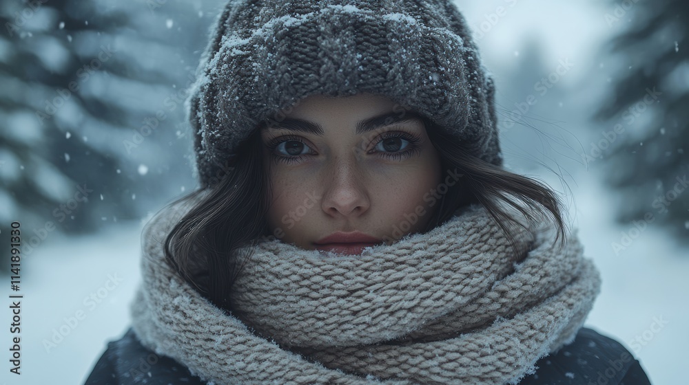 A beautiful woman with long, flowing blonde hair wears a warm knit hat and scarf, standing in a serene snowy landscape as snowflakes gently fall, creating a peaceful and wintry atmosphere A beautiful woman with long, flowing blonde hair wears a warm knit hat and scarf, standing in a serene snowy landscape as snowflakes gently fall, creating a peaceful and wintry atmosphere
