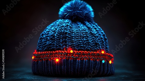 A festive winter hat with a cozy knitted design, featuring holiday elements like Christmas lights, candy canes, and a fluffy pom-pom on top, evoking warm holiday vibes photo