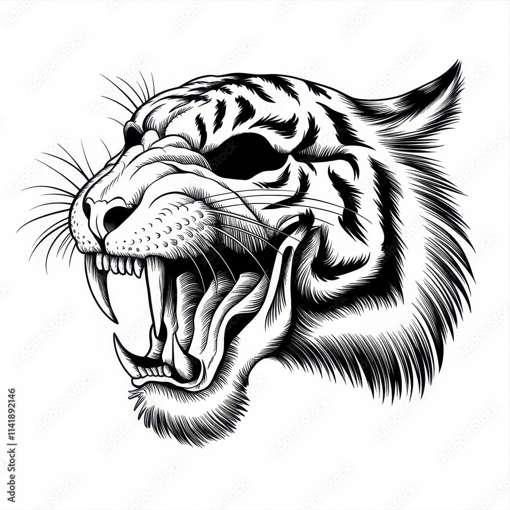 Roaring Tiger Head Black And White Illustration Roaring Tiger Head Black And White Illustration