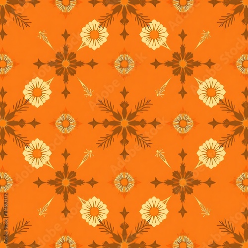 Wallpaper Mural Autumnal Floral Pattern: A seamless textile design featuring a captivating array of stylized flowers and snowflakes in warm autumnal hues of orange and brown. Perfect for fall-themed projects.  Torontodigital.ca