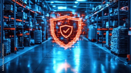 A high-tech, automated warehouse with digital security shield graphics hovering above, showing cutting-edge technology for safety and efficiency