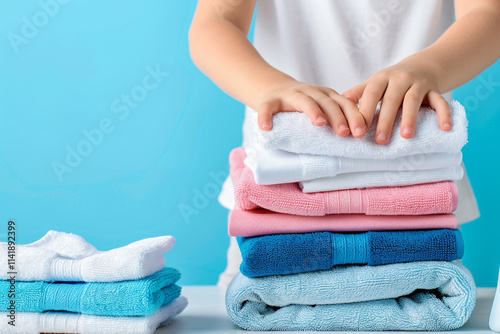 Person Folding Freshly Laundered Clothes in Bright Laundry Room