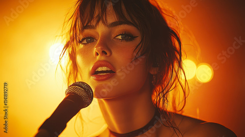 Dynamic Female Musician Performing Energetic Stage Show with Microphone at Night