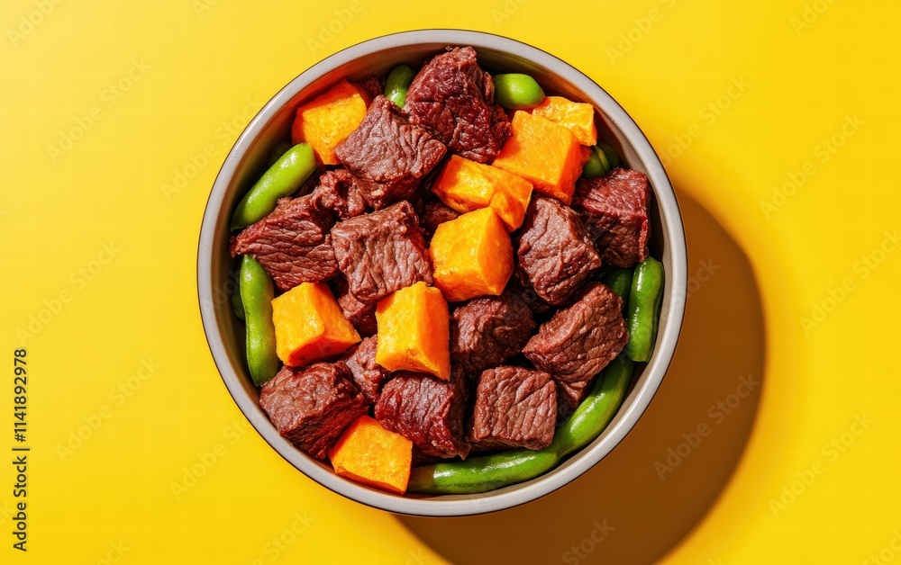 A vibrant display of natural dog food, featuring fresh beef, sweet potatoes, and green beans in a stylish bowl on a sunny yellow background A vibrant display of natural dog food, featuring fresh beef, sweet potatoes, and green beans in a stylish bowl on a sunny yellow background