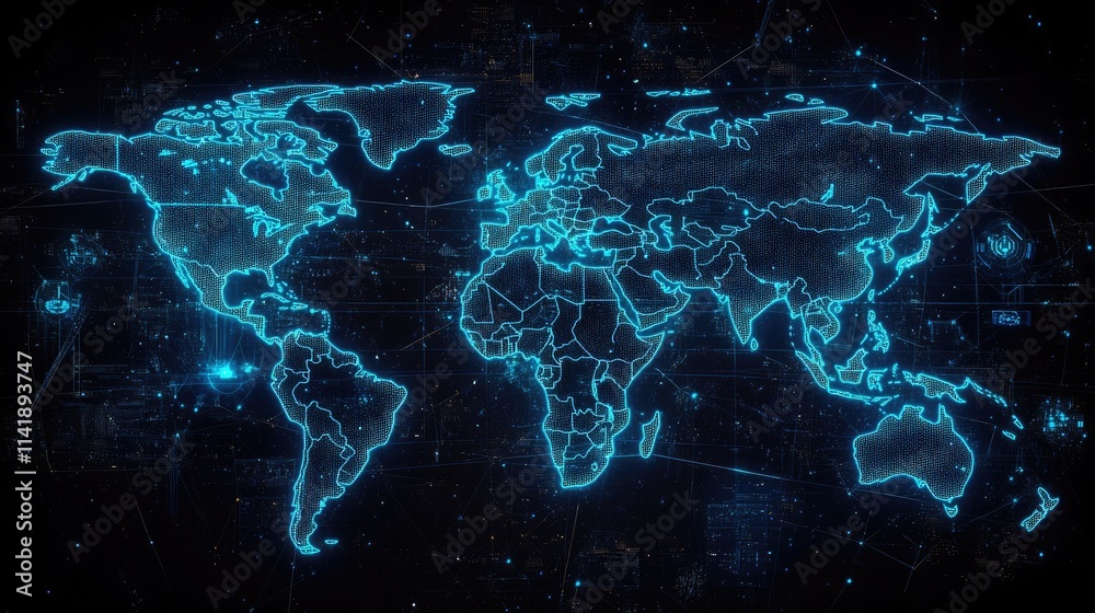 Highly detailed world map with countries outlined in blue, providing a template for global business reports, tourism guides, or geographic analysis Highly detailed world map with countries outlined in blue, providing a template for global business reports, tourism guides, or geographic analysis