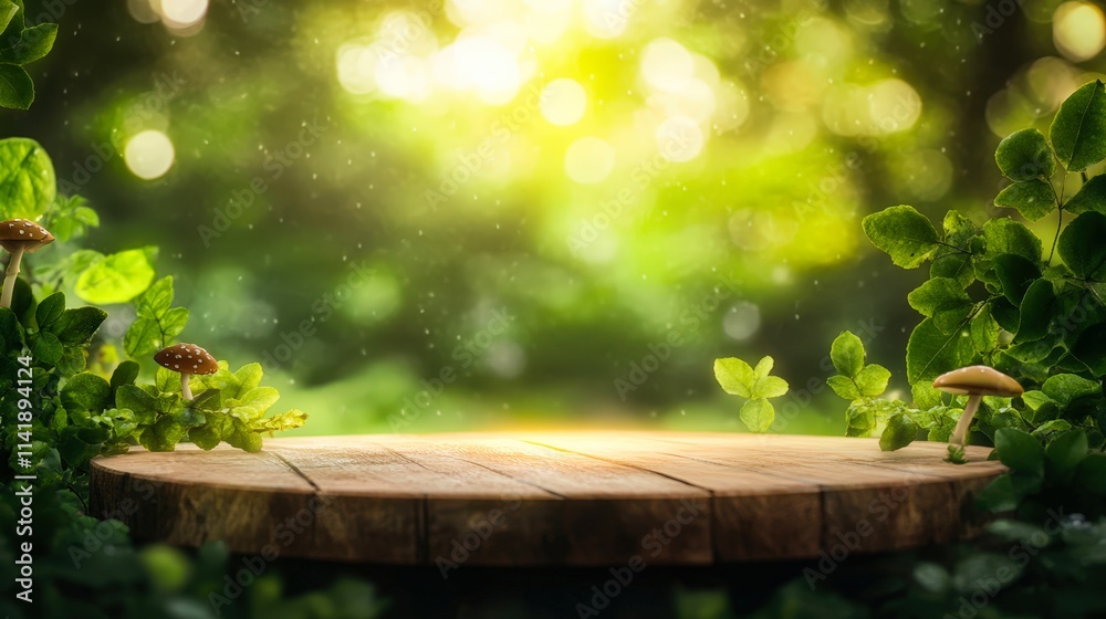 A serene forest scene featuring a wooden platform surrounded by lush greenery and mushrooms, ideal for nature-themed projects, advertising organic products A serene forest scene featuring a wooden platform surrounded by lush greenery and mushrooms, ideal for nature-themed projects, advertising organic products