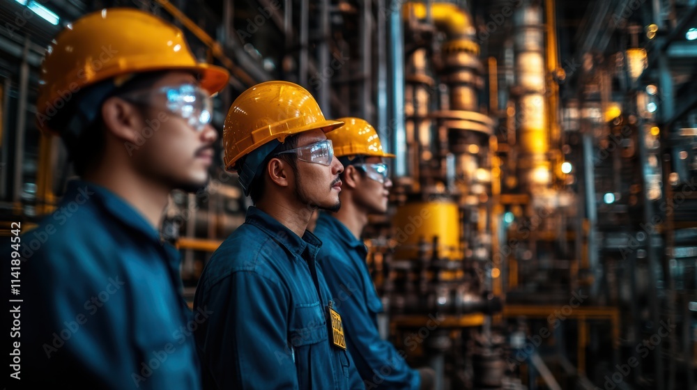 A team of workers undergoing safety training at an industrial facility, with safety gear and signs highlighting precautions to protect both workers and machinery A team of workers undergoing safety training at an industrial facility, with safety gear and signs highlighting precautions to protect both workers and machinery