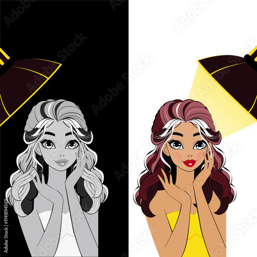 This illustration shows a contrast between black-and-white and colorful imagery. On the left, a grayscale woman is under dim light, while on the right, she's vibrant with color under a bright spotligh