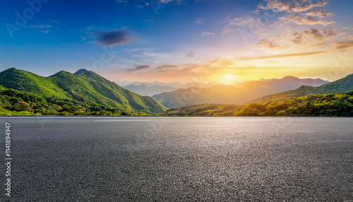 Landscape scene asphalt road and green mountain with sky clouds natural sunrise.Generative AI