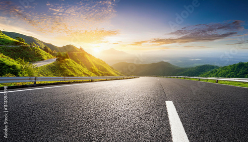 Landscape scene asphalt road and green mountain with sky clouds natural sunrise.Generative AI