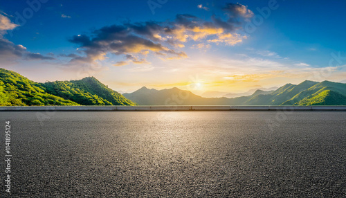Landscape scene asphalt road and green mountain with sky clouds natural sunrise.Generative AI