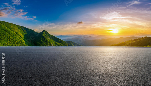 Landscape scene asphalt road and green mountain with sky clouds natural sunrise.Generative AI