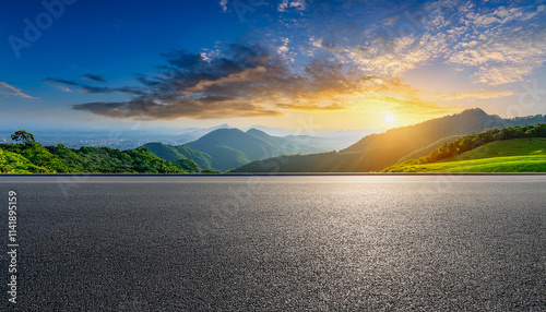 Landscape scene asphalt road and green mountain with sky clouds natural sunrise.Generative AI