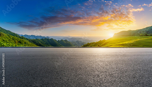 Landscape scene asphalt road and green mountain with sky clouds natural sunrise.Generative AI