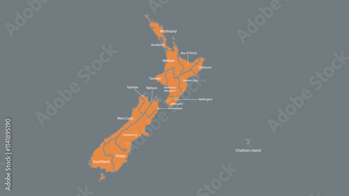 Modern Map of New Zealand with Interactive Features, Flat design New Zealand outline map.