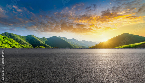 Landscape scene asphalt road and green mountain with sky clouds natural sunrise.Generative AI