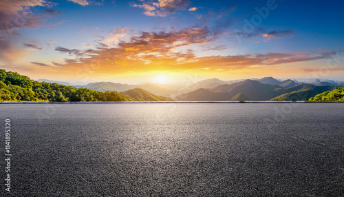 Landscape scene asphalt road and green mountain with sky clouds natural sunrise.Generative AI