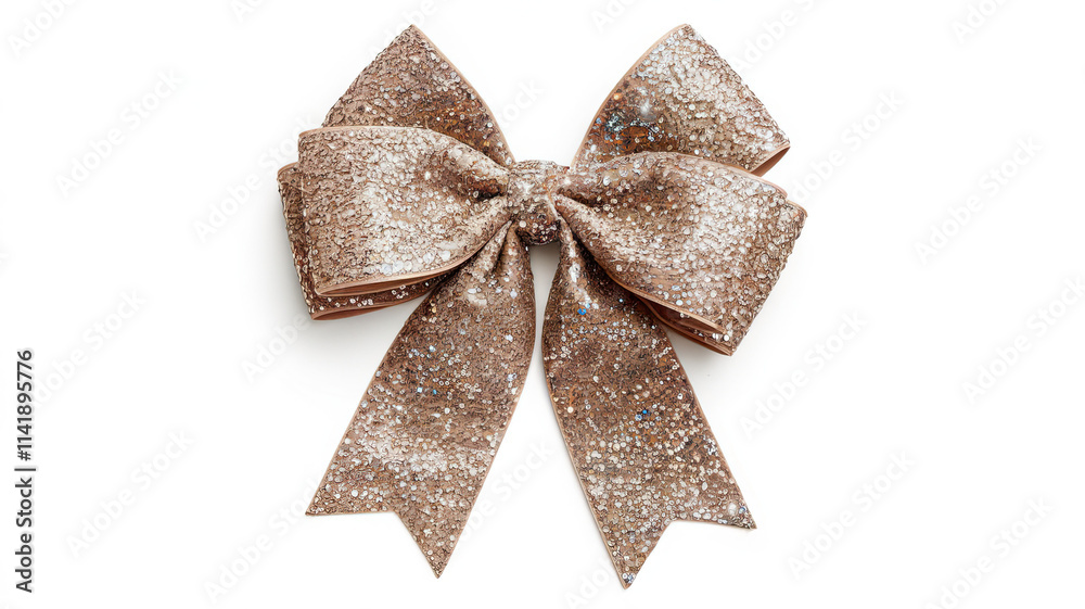 A shimmering bow intricately tied in a bow knot with glittery texture giving a sparkling appearance centrally positioned on a white background showcasing elegance and simplicity. A shimmering bow intricately tied in a bow knot with glittery texture giving a sparkling appearance centrally positioned on a white background showcasing elegance and simplicity.