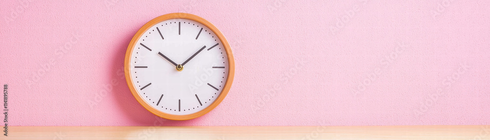 round wall clock with wooden frame shows time against pink background, creating cheerful and modern atmosphere round wall clock with wooden frame shows time against pink background, creating cheerful and modern atmosphere