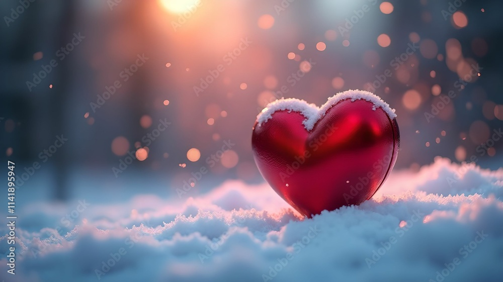 Valentine with heart on snow background and place for text, bokeh