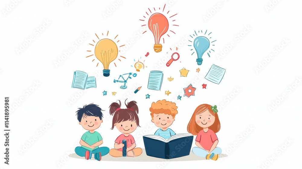 Four children sit together, reading a book, surrounded by symbols of creativity and learning, such as light bulbs and paper, representing ideas and imagination. Four children sit together, reading a book, surrounded by symbols of creativity and learning, such as light bulbs and paper, representing ideas and imagination.