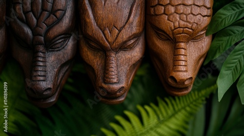 Wallpaper Mural Mystical Dragon Carvings: Close-up of three intricately carved wooden dragon heads, each with unique expressions, against a backdrop of lush greenery, creating an air of mythical enchantment.   Torontodigital.ca