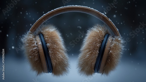 Close-up of fashionable earmuffs in soft, plush fabric, showcased in a winter scene with snowflakes gently falling, emphasizing both style and warmth photo