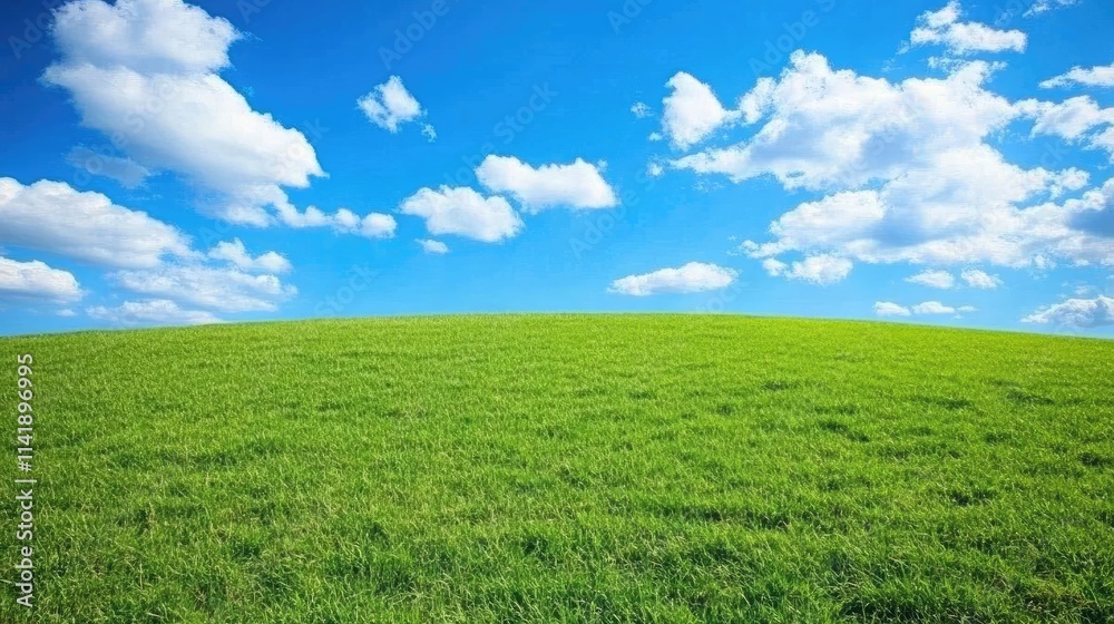 Rolling hillside of lush green grass under a vast blue sky, dotted with soft clouds, perfect for nature and landscape photography Rolling hillside of lush green grass under a vast blue sky, dotted with soft clouds, perfect for nature and landscape photography