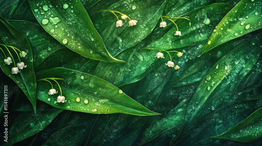 Springtime scene of Lily of the Valley flowers with green leaves, enhanced by morning dew, creating a fresh and vibrant floral visual Springtime scene of Lily of the Valley flowers with green leaves, enhanced by morning dew, creating a fresh and vibrant floral visual