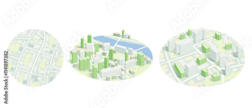 Set of map views. Urban planning for development smart city. 3D isometric city map with river. Detailed view of skyline with dense infrastructure and architecture. Vector illustration, isolated