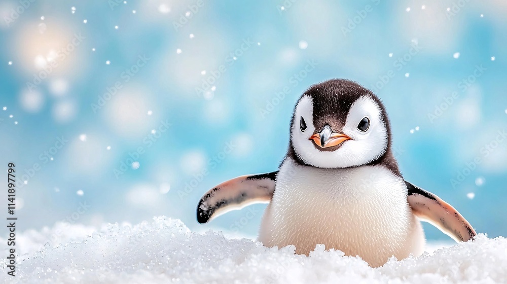 A cute penguin chick standing in the snow with a soft blue background. A cute penguin chick standing in the snow with a soft blue background.