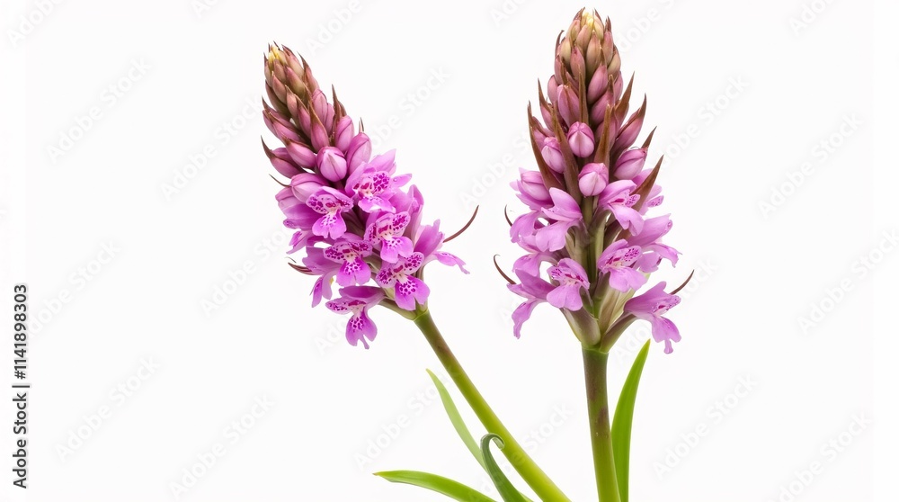 Fototapeta premium Early Summer Flower Spikes of UK Native Wildflower Dactylorhiza Praetermissa (Southern Marsh Orchid) Isolated on a White Background.